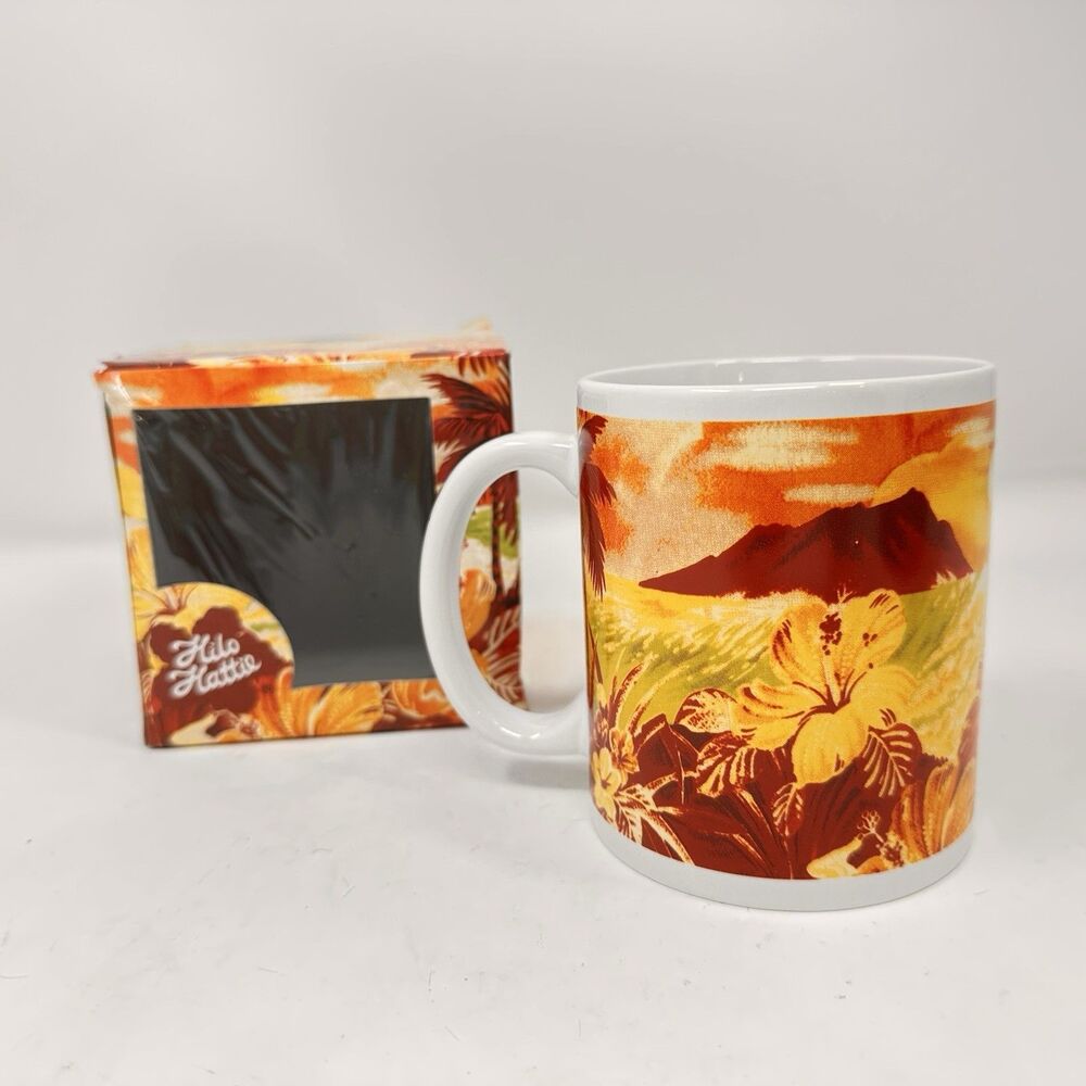 Hilo Hattie Hawaii 2002 Coffee Mug Big Island Sunset Hibiscus NIB Wear on Box